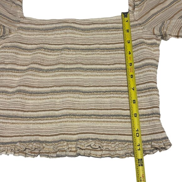Striped Smocked Square Neck Crop Top With Long Balloon Sleeves In Neutral Stripe - Picture 11 of 13